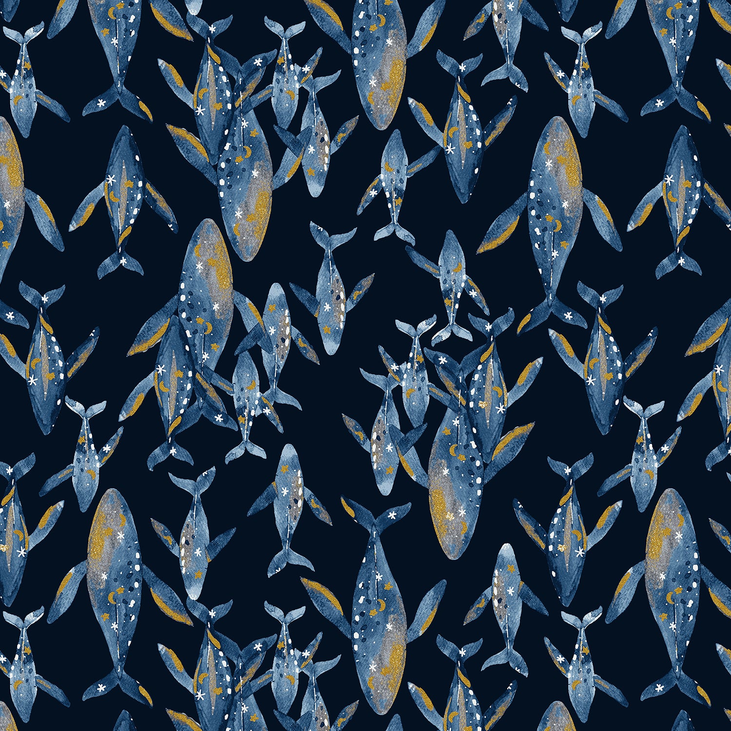 Cosmic Sea - Golden Whale - Deep Ocean Fabric
