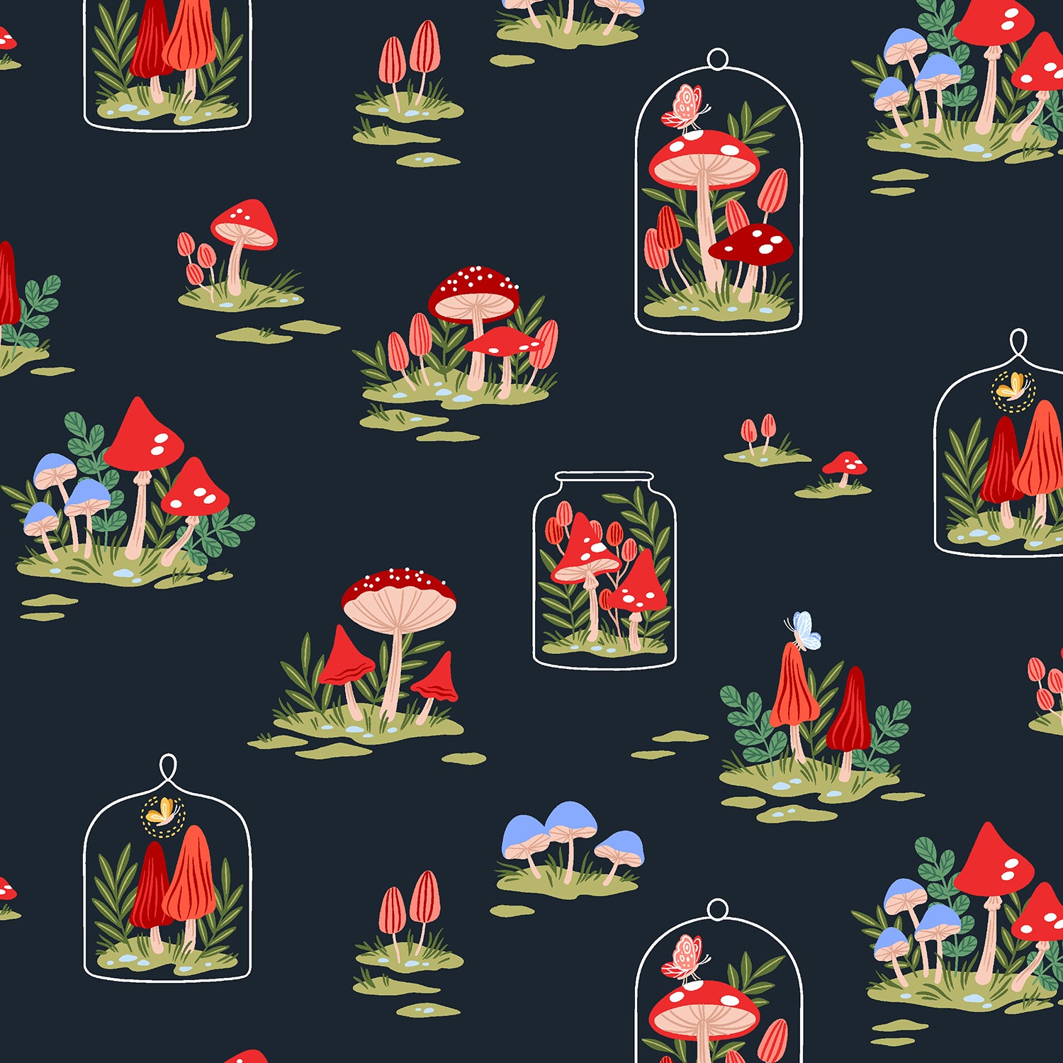 Garden & Globe - Mushroom Garden Navy Fabric
