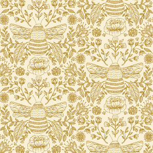 Summer in the Cotswolds - Bees Cream Metallic Fabric