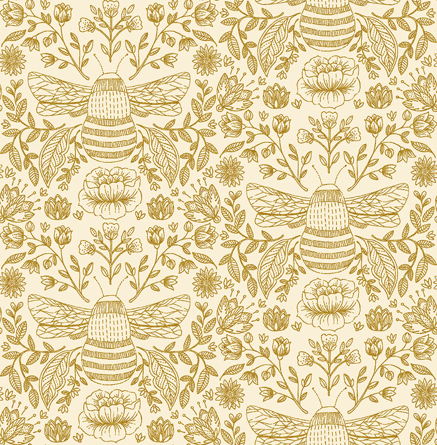 Summer in the Cotswolds - Bees Cream Metallic Fabric
