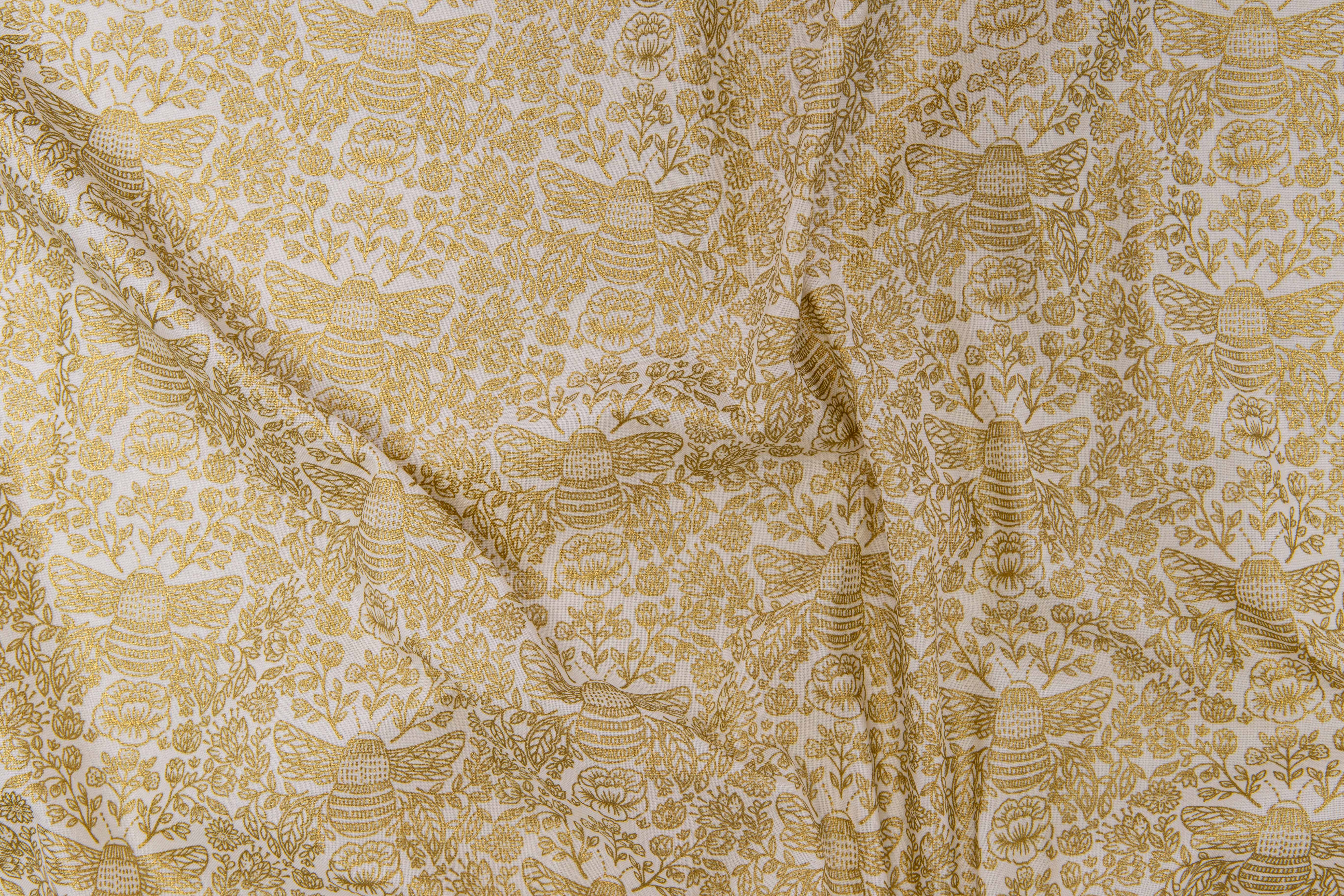 Summer in the Cotswolds - Bees Cream Metallic Fabric