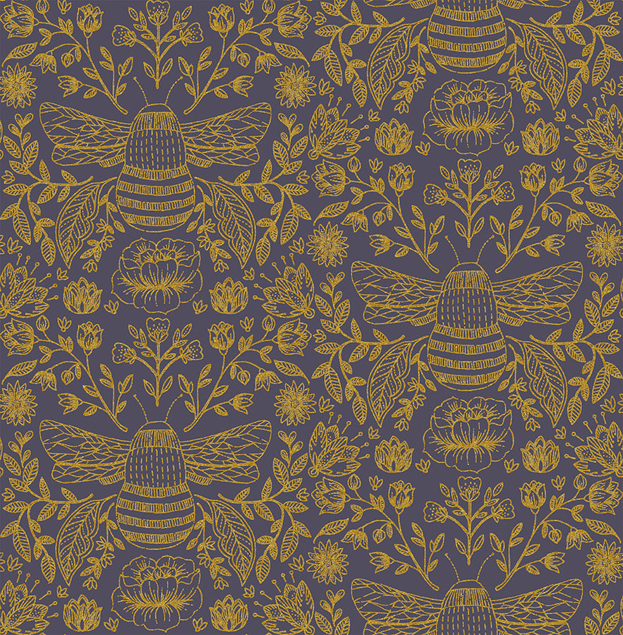 Summer in the Cotswolds - Bees Navy Metallic Fabric
