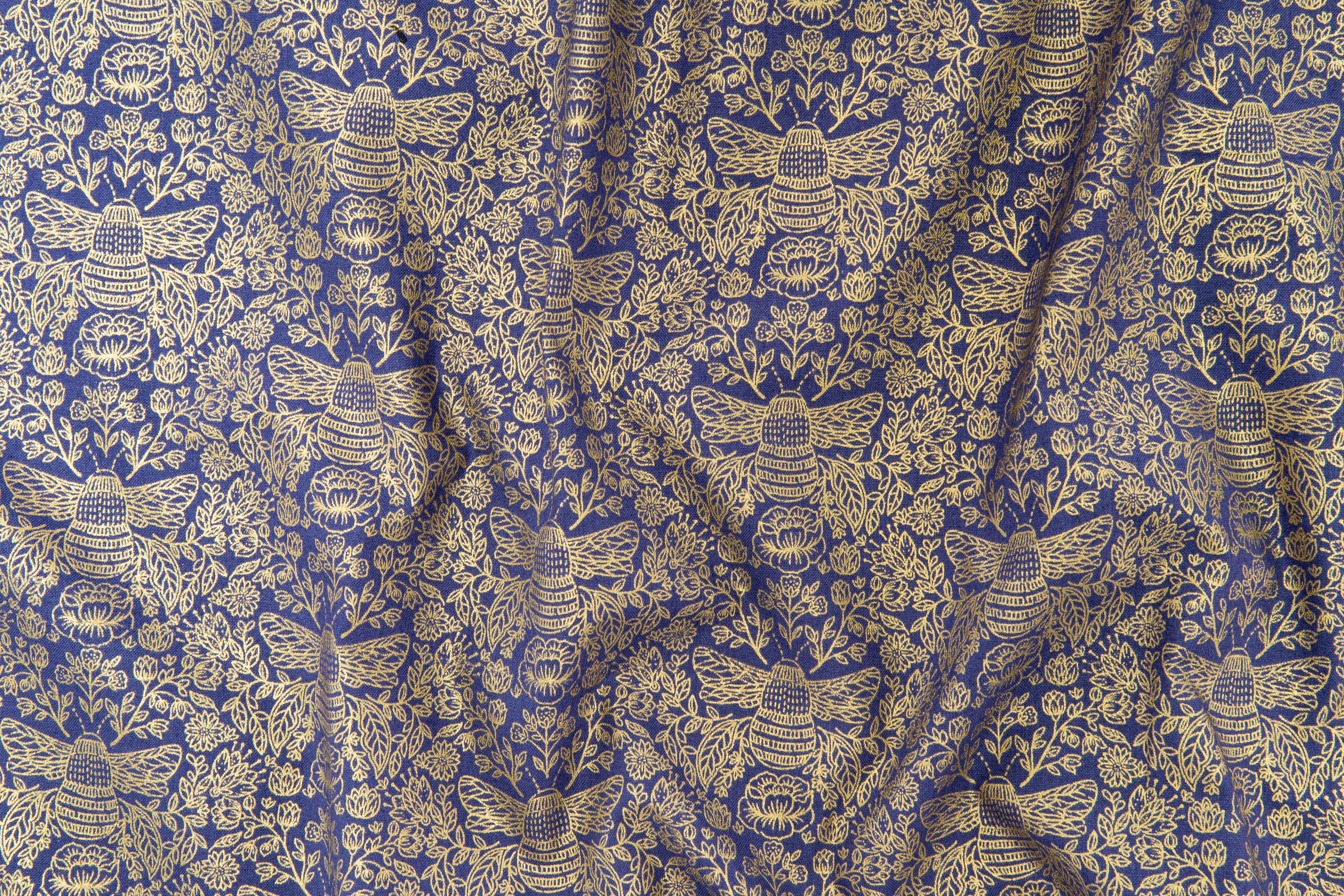 Summer in the Cotswolds - Bees Navy Metallic Fabric