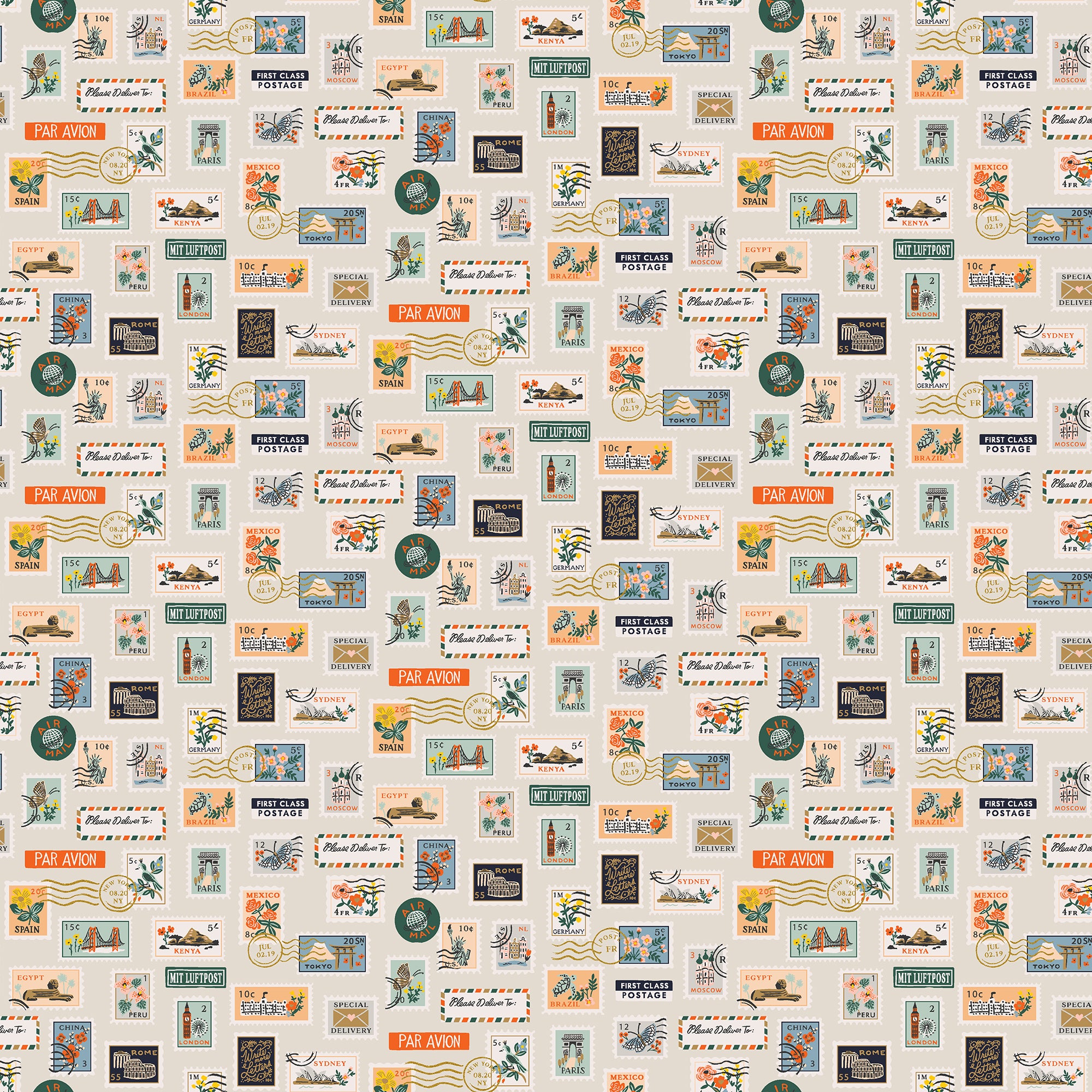 Bon Voyage - Postage Stamps Flax Fabric