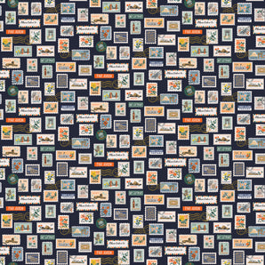 Bon Voyage - Postage Stamps Navy Fabric