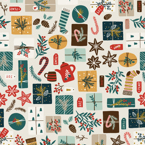 Merry Memories - Opening Presents - Ivory Metallic Fabric